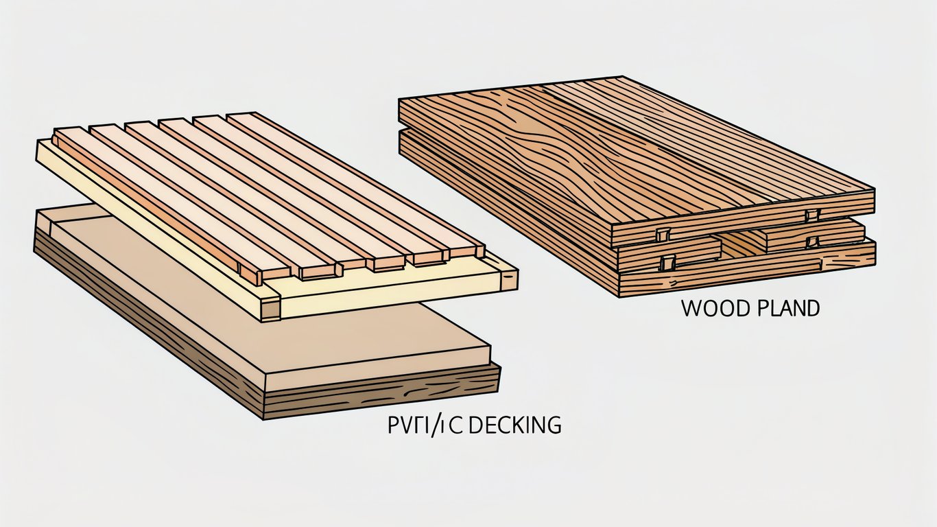 Illustration comparing wood, composite, and PVC deck materials side-by-side