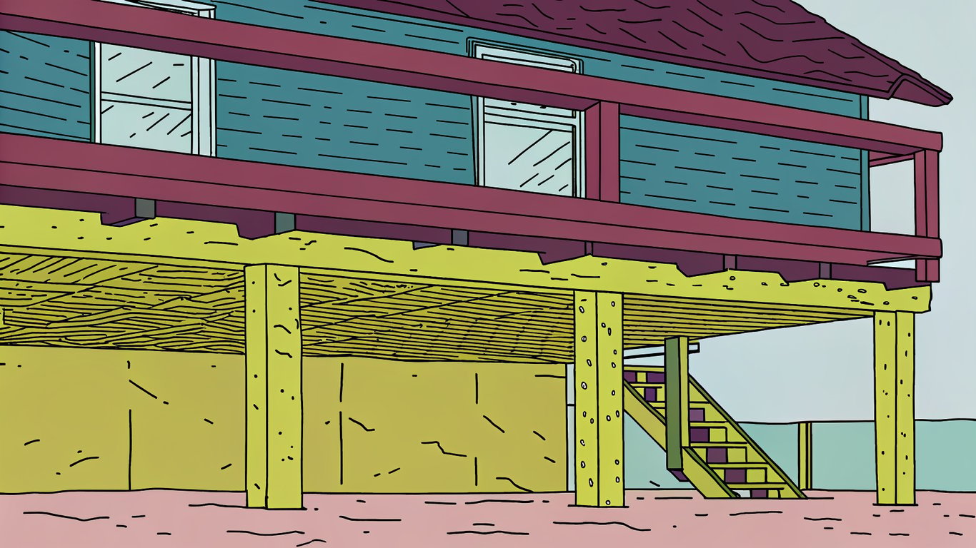 Cutaway illustration revealing the hidden deck substructure with footings, posts, beams, and joists