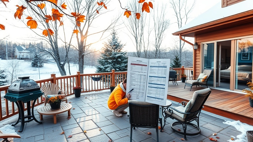 A cozy Quebec patio with stone paving and a warm‑tinted deck under a crisp winter sky, a contractor in a bright jacket holding a detailed cost estimate while maple leaves drift around, highlighting the freeze‑thaw challenge of estimating patio expenses.