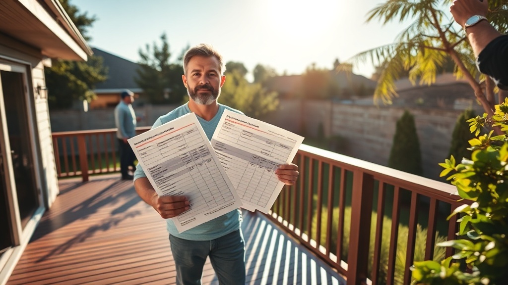 A homeowner stands on a sleek deck overlooking a sunny backyard, clutching a stack of contrasting price quotes. In the background, a shadowy contractor gestures toward hidden fees, with bright summer light and lush foliage framing the scene.
