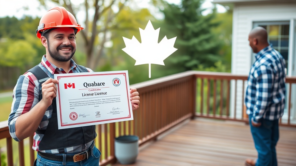 A Quebec contractor in a hard hat proudly presents a stamped license certificate to a homeowner inspecting a freshly built deck, with a subtle maple leaf motif in the background and a glowing digital verification icon hovering above the certificate.