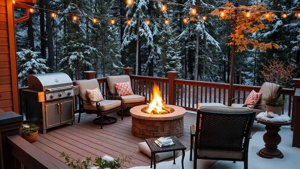A Quebec deck in transition, featuring a sleek outdoor grill, a glowing fire pit surrounded by cozy seating, string lights hanging overhead, with a backdrop of snow‑covered pine trees and autumn leaves to showcase year‑round living.