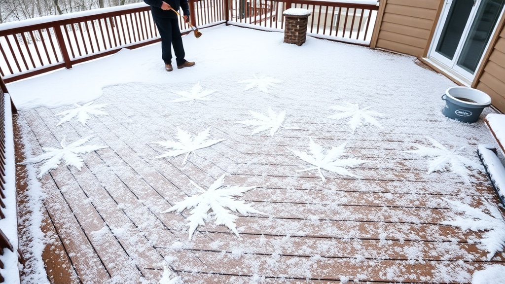 A Quebec deck covered in fresh snow, maple leaf motifs etched into the wood, a homeowner inspecting the boards with a protective brush, surrounded by the crisp, cold atmosphere of a snowy Quebec landscape.