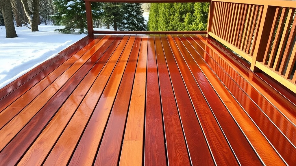 Freshly stained cedar deck in Quebec, its glossy finish reflecting a crisp winter snow on one side and lush summer foliage on the other, capturing the harsh freeze‑thaw cycles and humid summers that threaten wood. The scene highlights the contrast of extreme seasons and the protective power of a well‑applied stain.