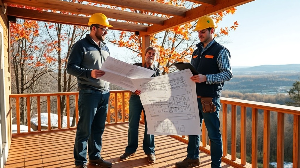 A homeowner stands on a partially built wooden deck overlooking a scenic Quebec landscape, holding a detailed blueprint while a confident contractor in a hard hat reviews it with a clipboard, surrounded by vibrant maple leaves and subtle hints of a crisp winter breeze. The scene captures the tension of negotiation and the promise of quality craftsmanship, with warm sunlight casting long shadows across the deck’s exposed joists.