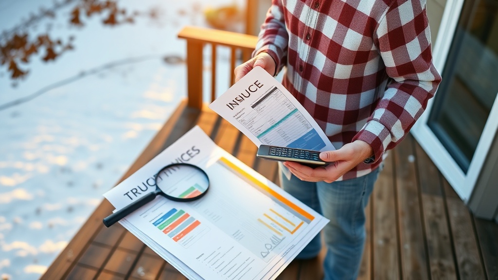 A Quebec homeowner stands on a half-built deck, holding two contractor quotes and a calculator, with a magnifying glass hovering over the paperwork, while a maple leaf backdrop and subtle snowflake pattern hint at the local climate, all bathed in warm morning light. The scene captures the tension of decision‑making, with a contractor’s blueprint spread beside a stack of colorful invoices, conveying the importance of careful comparison.