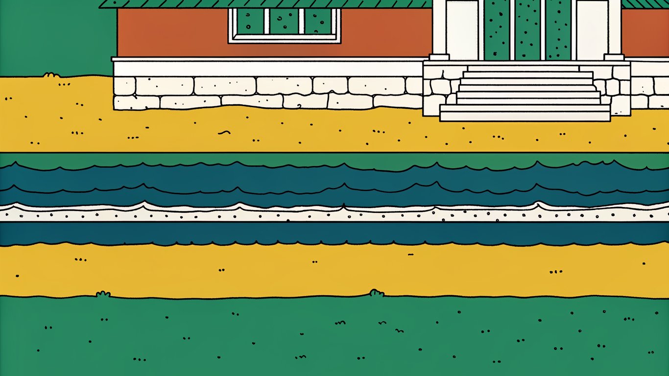Cross-section diagram of a patio foundation with layers of soil, gravel, sand, and a French drain system for proper drainage