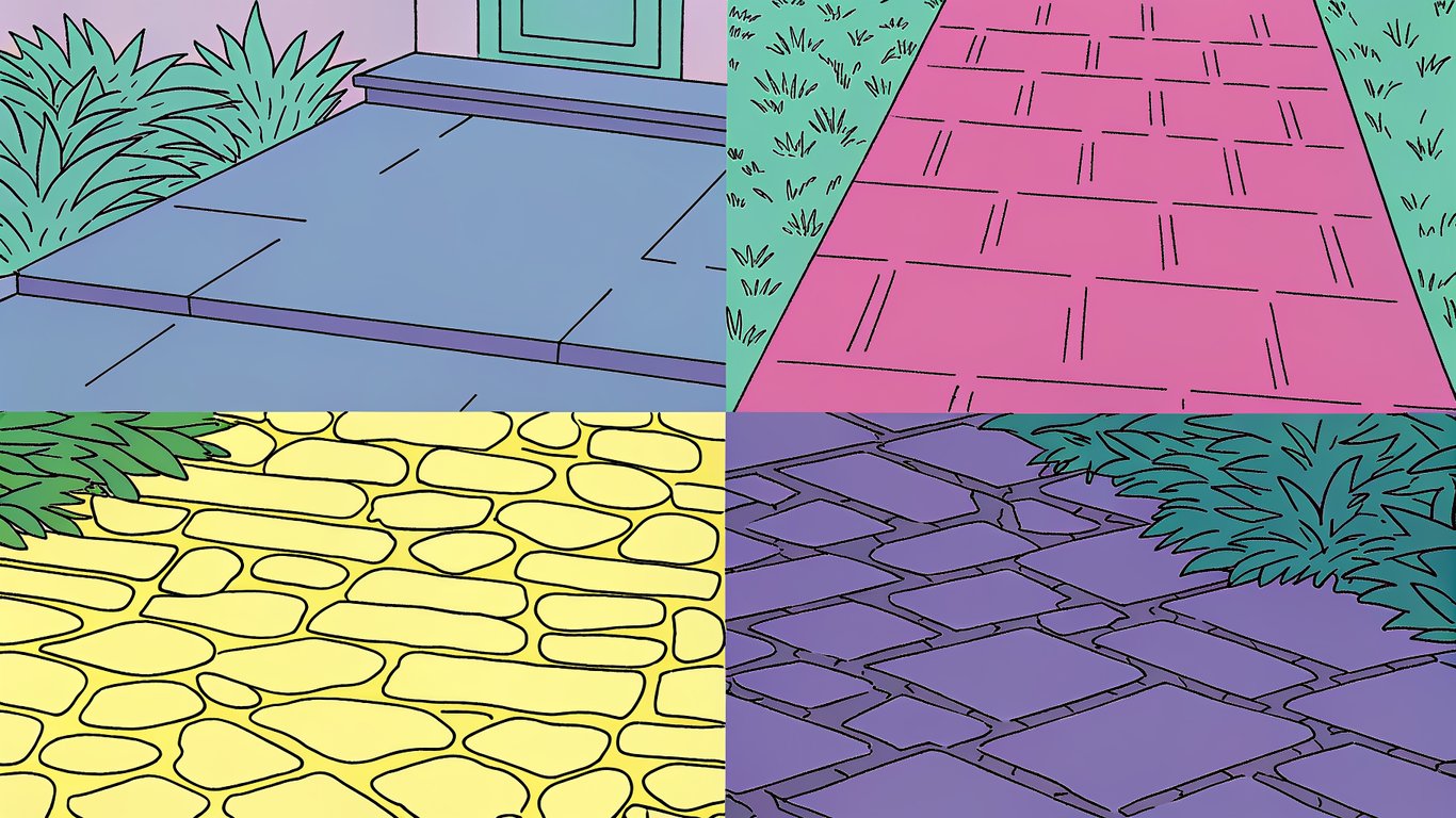 Four different patio types side-by-side: plain concrete, interlocking pavers, composite deck, and natural flagstone, showcasing material variety
