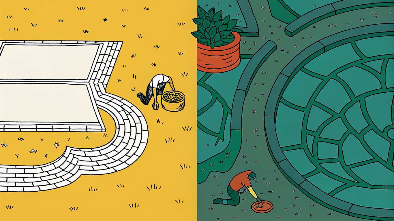 Comparison of a simple rectangular patio versus a complex, multi-level patio with curves and built-in features, illustrating design complexity