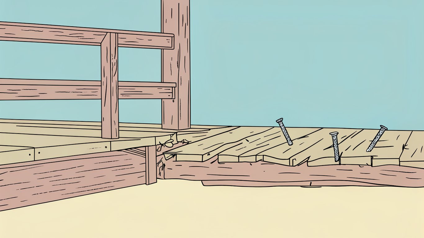 A poorly built, damaged wooden deck with visible structural flaws, representing the consequences of hiring the wrong contractor.