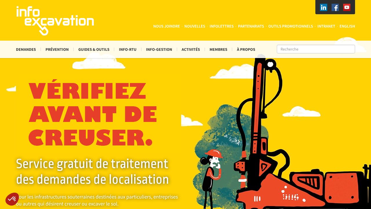Homepage of Info-Excavation website, showing options to request utility line location.