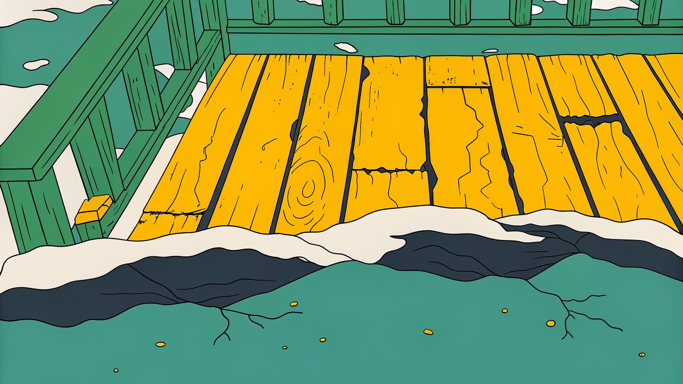A damaged wooden deck showing cracks and frost heaving in a snowy environment.