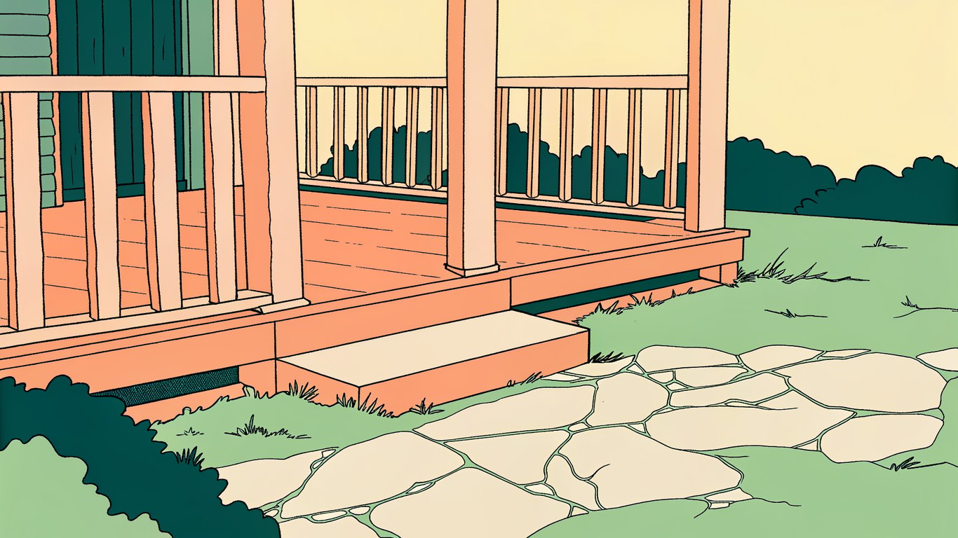 Illustration of a damaged deck with warped boards and cracked pavers, showing poor construction.