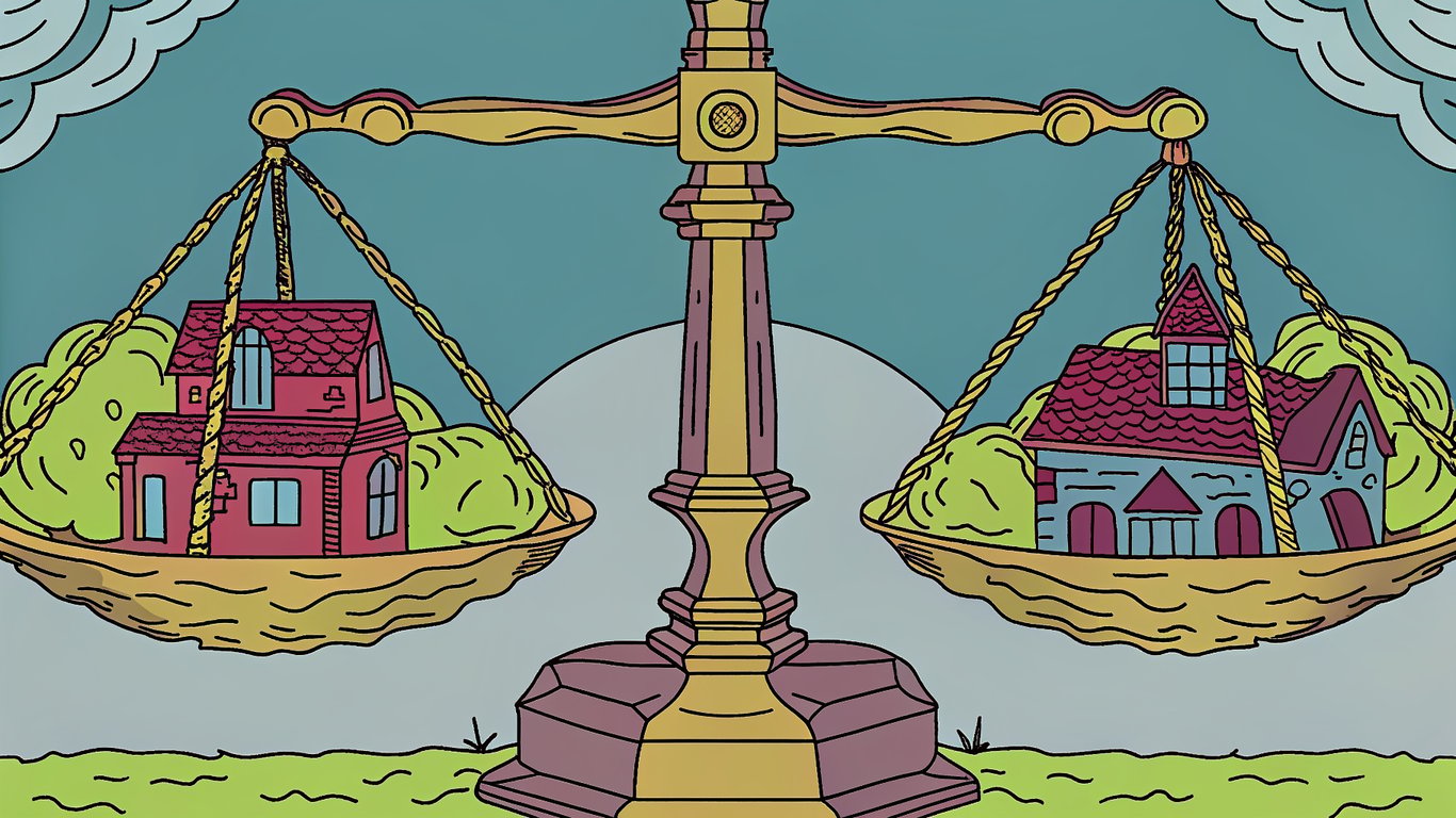 Illustration of a scale balancing a small, cheap structure against a larger, sturdy structure, representing price versus value.