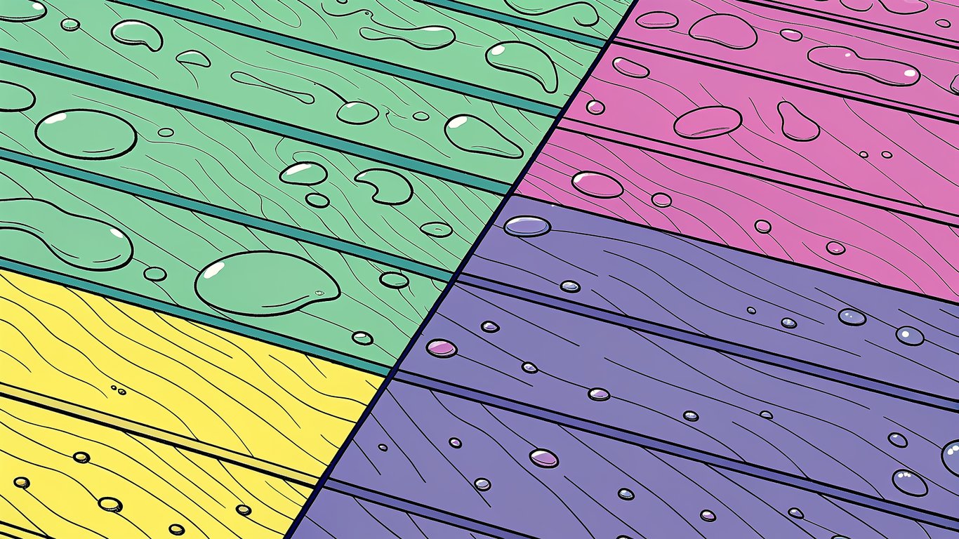 Illustration comparing a well-stained deck where water beads, and an unstained deck where water soaks in.