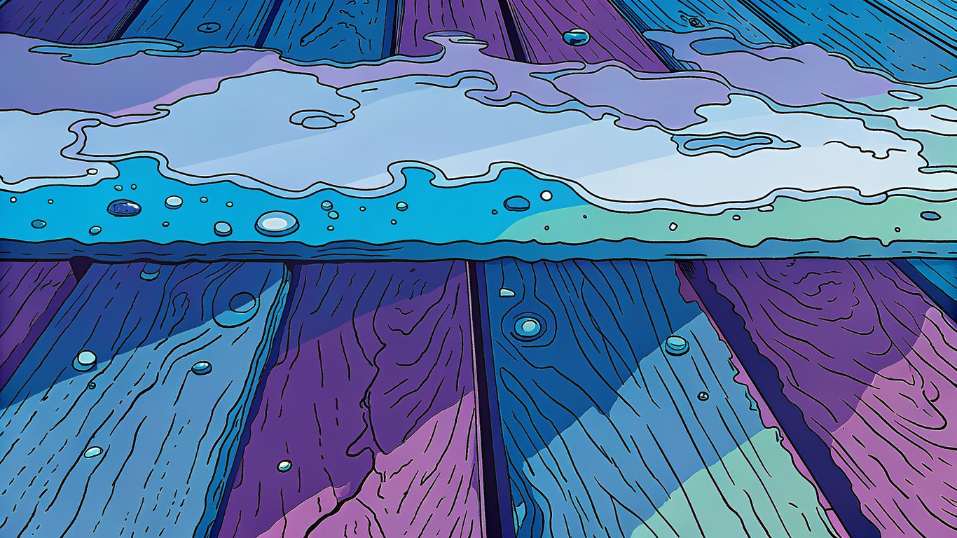 Illustration of a deck board showing damage from freeze-thaw cycles, UV rays, and mildew.