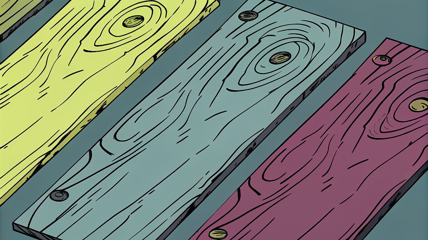 Visual comparison of transparent, semi-transparent, semi-solid, and solid deck stains on wood planks.