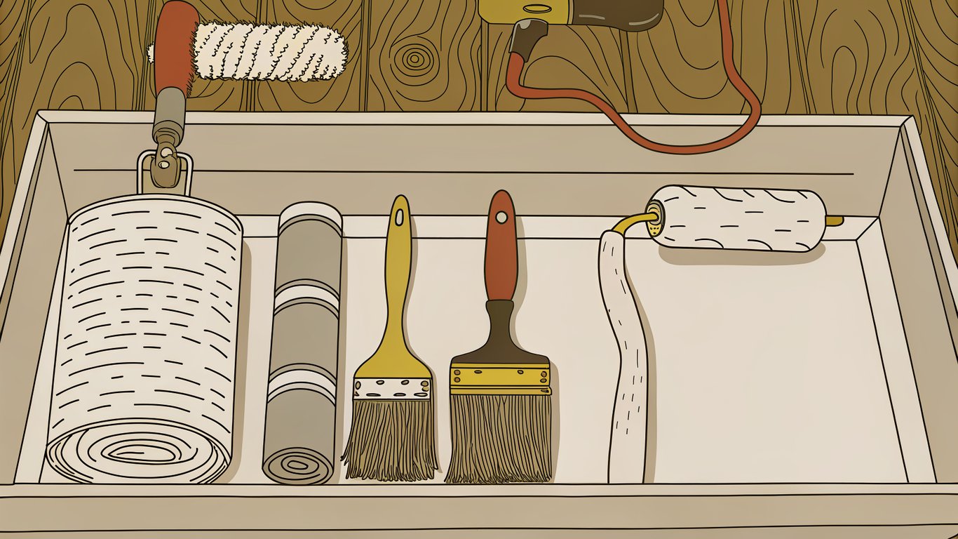 Collection of essential tools for deck staining, including a pressure washer, brushes, and rollers.