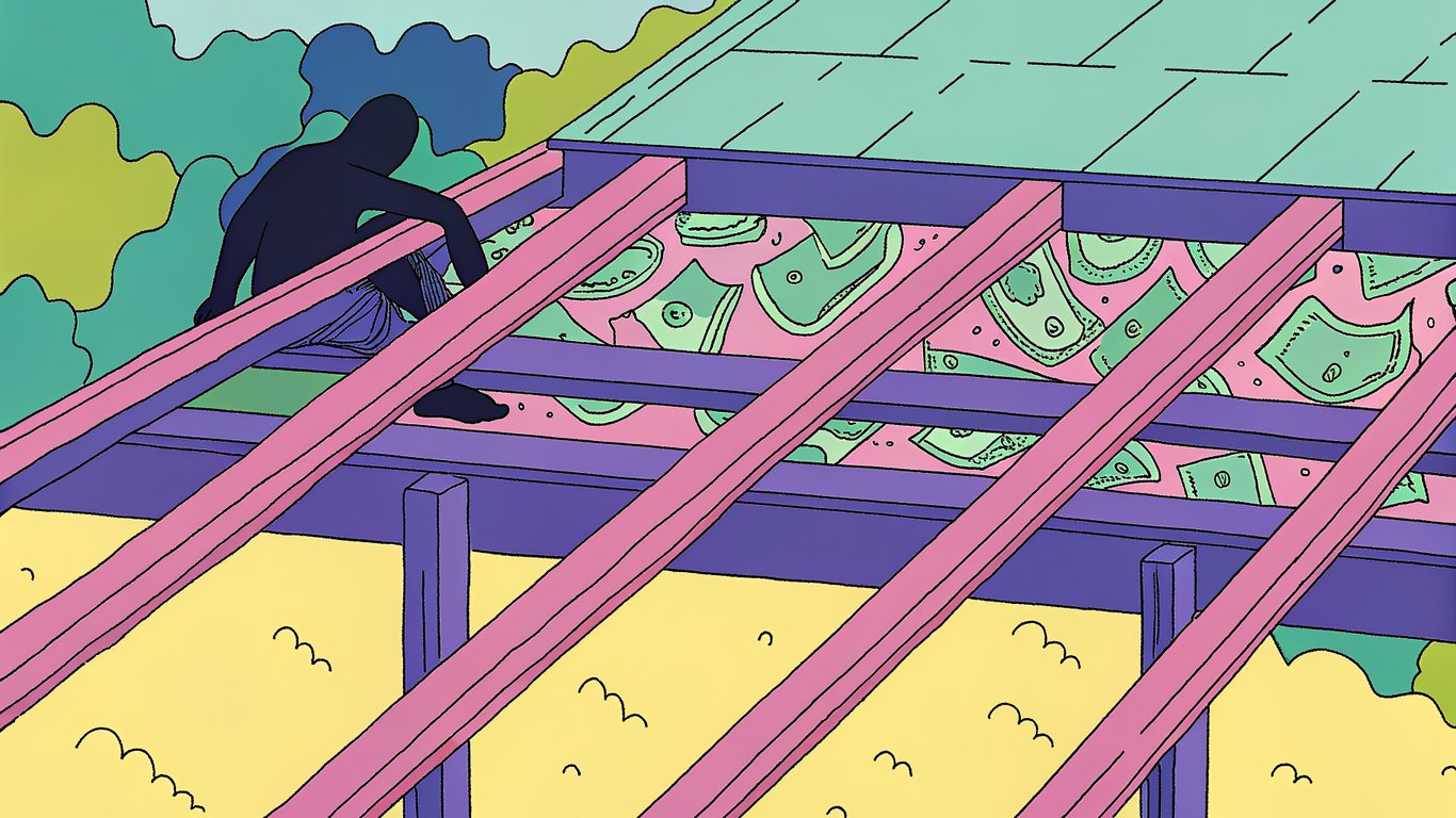 Illustration of a deck with money falling through, symbolizing hidden costs and financial problems.