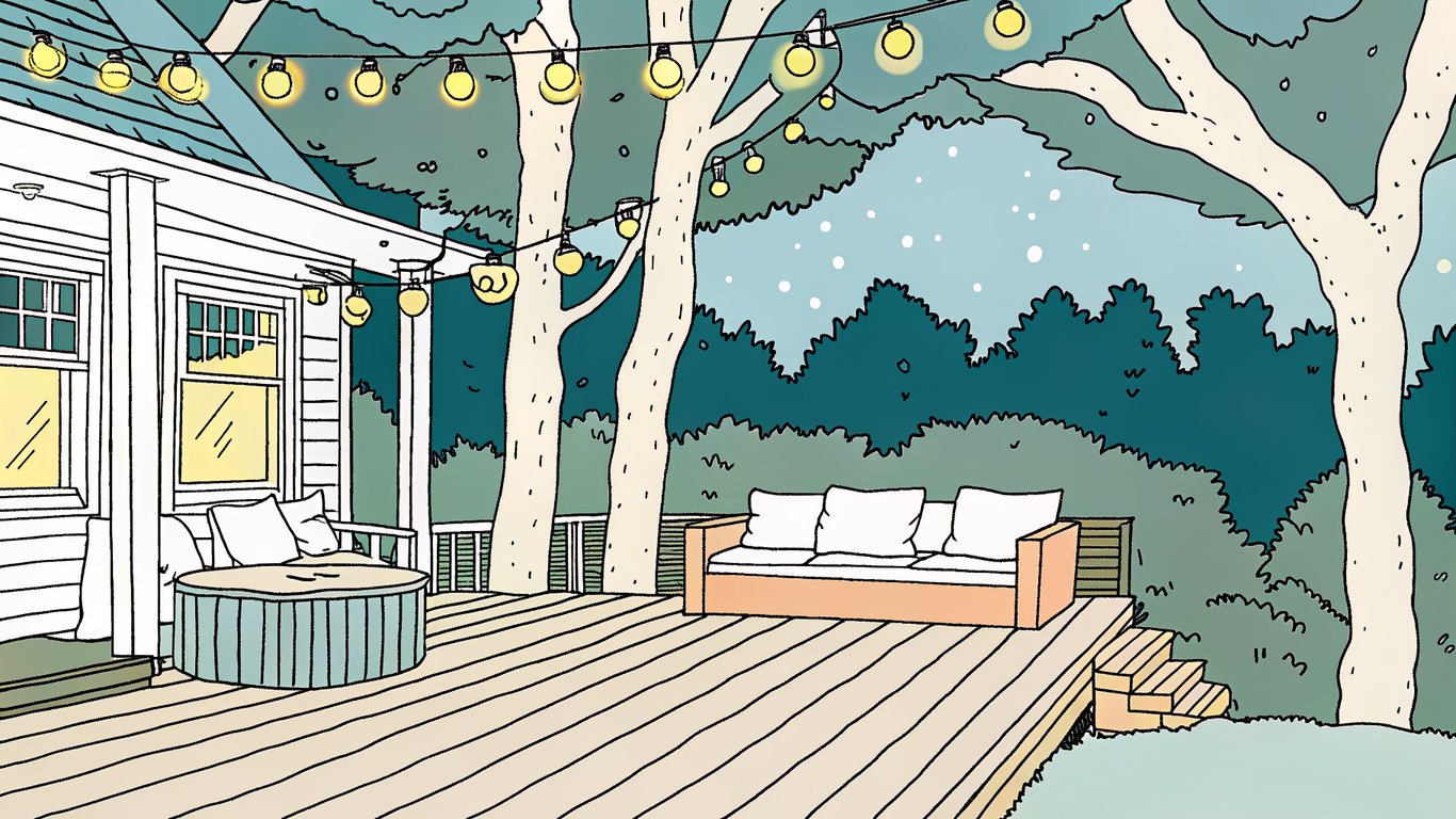An evening view of a beautifully lit outdoor deck and patio, showcasing deck lights, string lights, and landscape lighting.