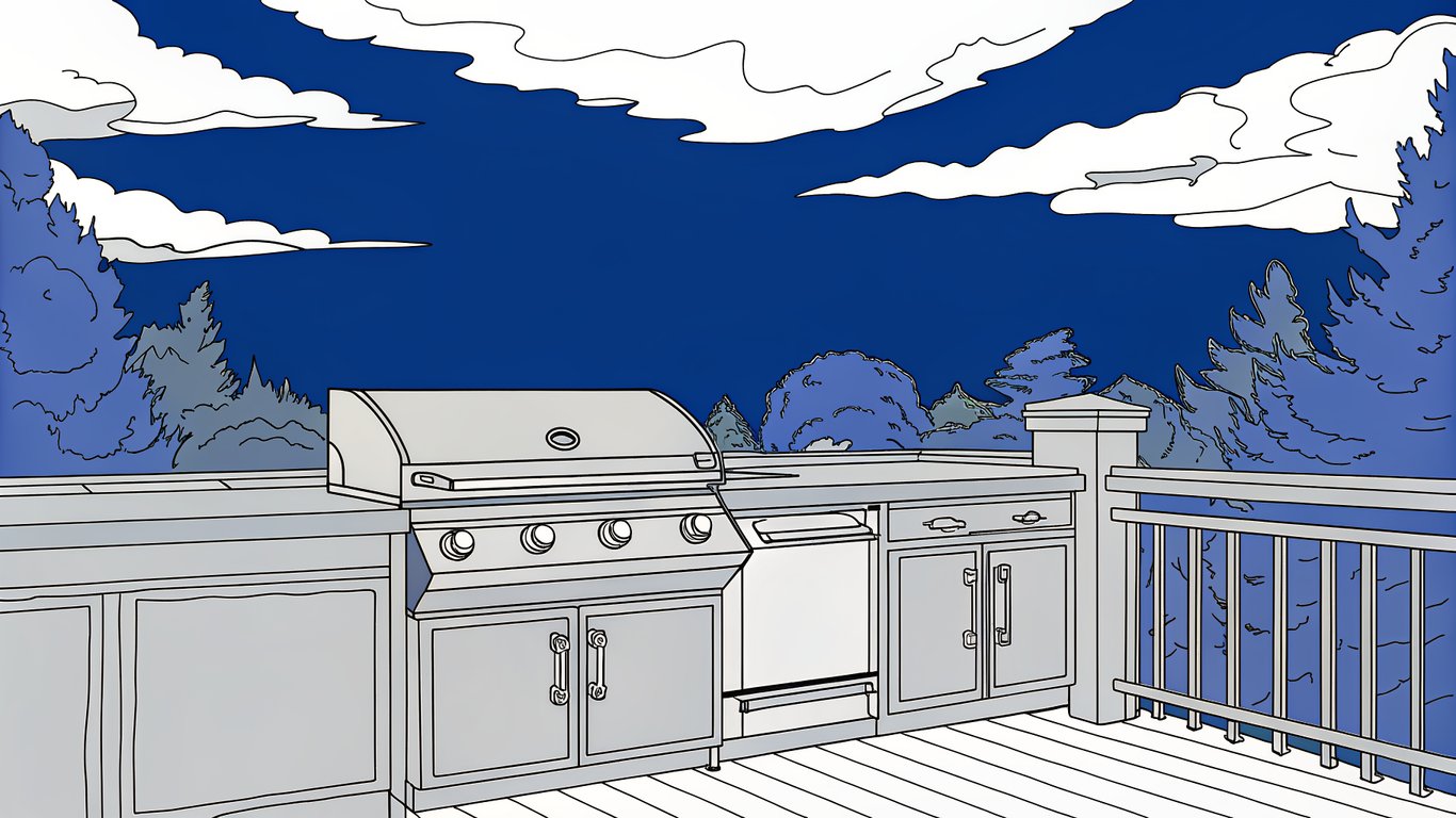 A well-appointed outdoor kitchen with a built-in grill, stainless steel cabinets, and a stone countertop on a deck.