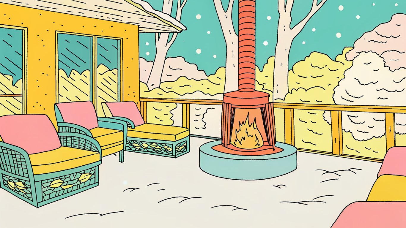 A modern Quebec patio in winter, featuring a fire pit and comfortable seating, demonstrating year-round usability despite snow.