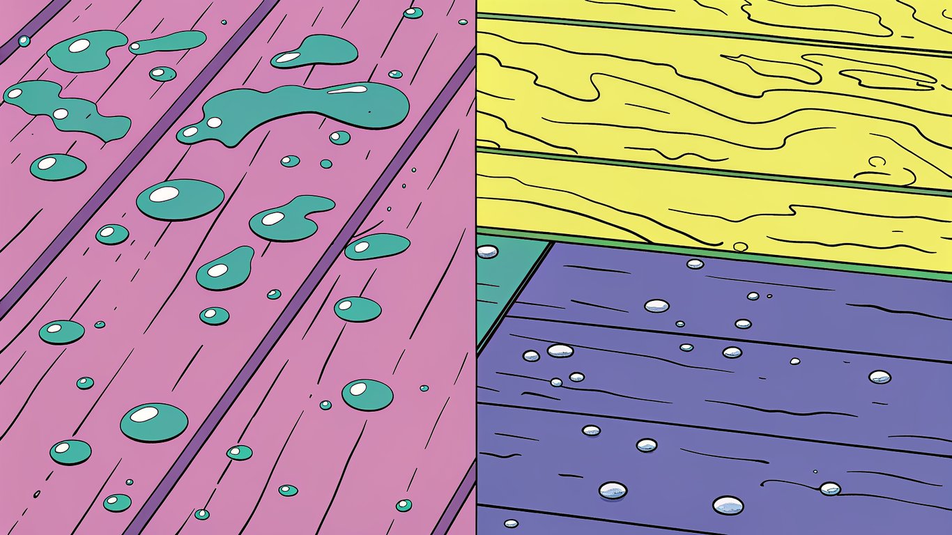 Illustration comparing water beading on a sealed deck surface versus water soaking into an unsealed deck surface.