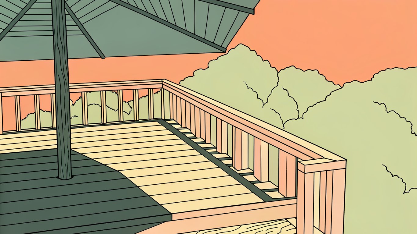 A deck with a shaded area from an umbrella and an exposed area, illustrating UV protection.